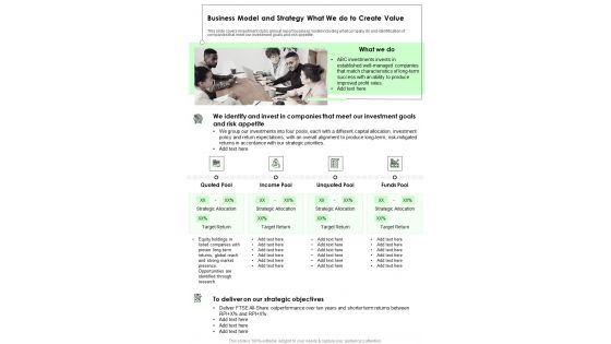 Business Model And Strategy What We Do To Create Value One Pager Documents