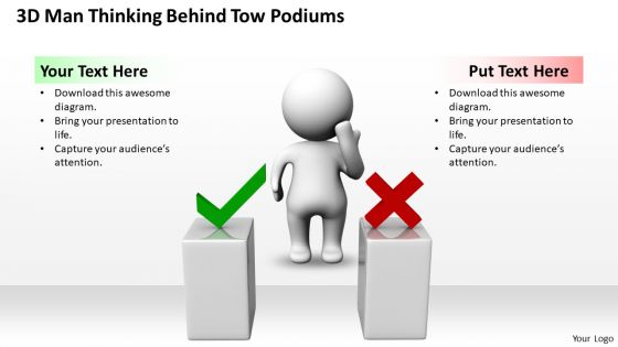 Business Model Diagram Examples 3d Man Thinking Behind Two Podiums PowerPoint Templates