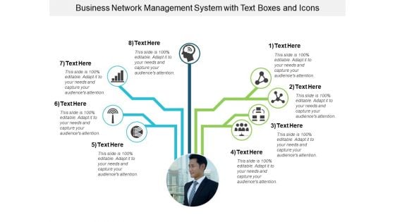 Business Network Management System With Text Boxes And Icons Ppt PowerPoint Presentation Gallery Layout