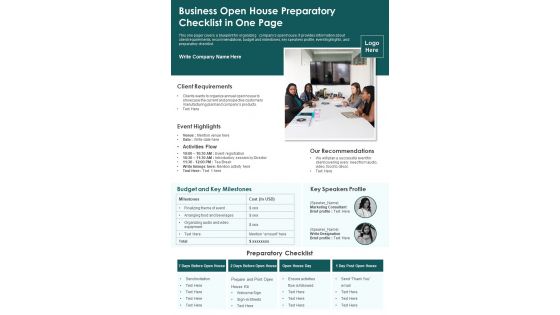 Business Open House Preparatory Checklist In One Page PDF Document PPT Template