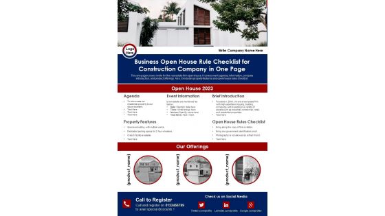 Business Open House Rule Checklist For Construction Company In One Page PDF Document PPT Template