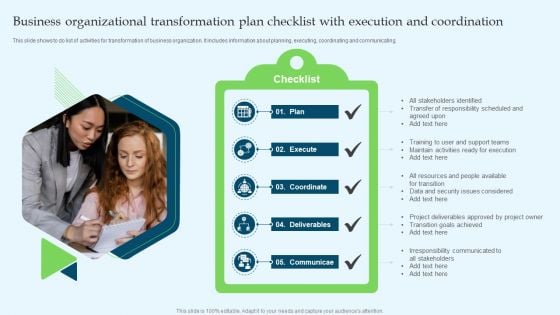 Business Organizational Transformation Plan Checklist With Execution And Coordination Professional PDF