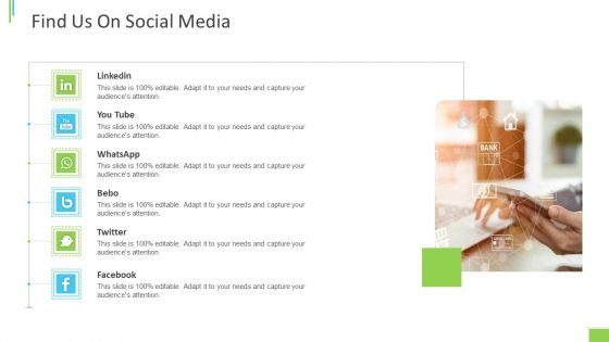 Business Overview PPT Slides Find Us On Social Media Ppt Visual Aids Slides PDF