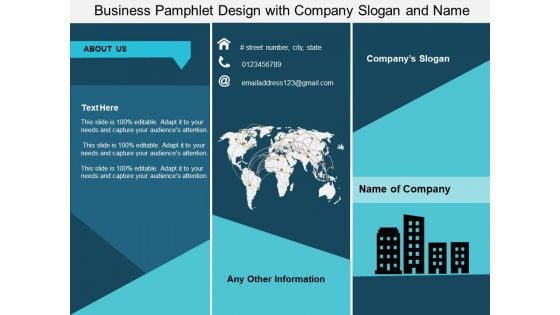 Business Pamphlet Design With Company Slogan And Name Ppt PowerPoint Presentation Show Styles