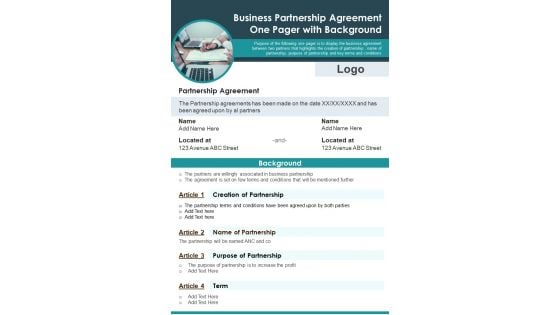 Business Partnership Agreement One Pager With Background PDF Document PPT Template