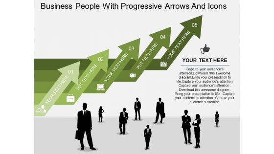 Business People With Progressive Arrows And Icons Powerpoint Template