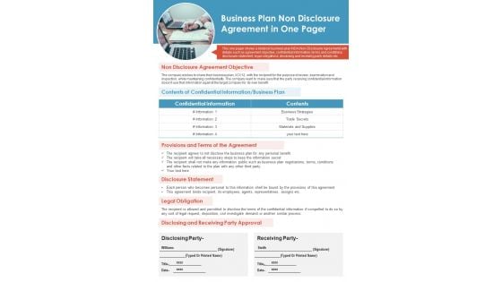 Business Plan Non Disclosure Agreement In One Pager PDF Document PPT Template