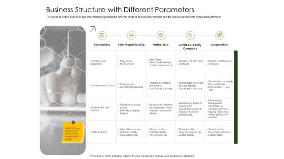 Business Planning And Strategy Playbook Business Structure With Different Parameters Sample PDF