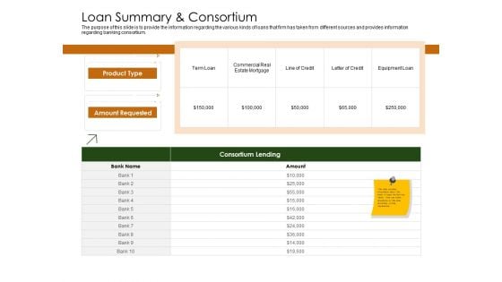 Business Planning And Strategy Playbook Loan Summary And Consortium Ppt Slides Example File PDF