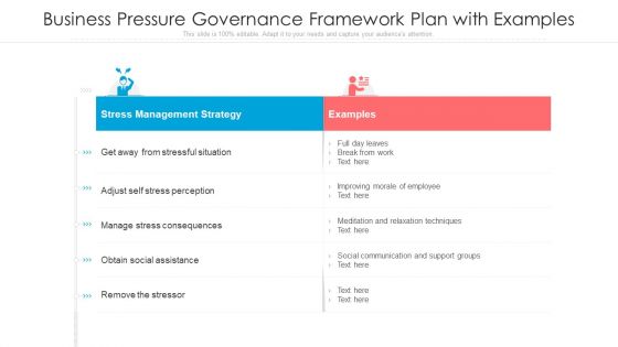 Business Pressure Governance Framework Plan With Examples Ppt Ideas Guide PDF