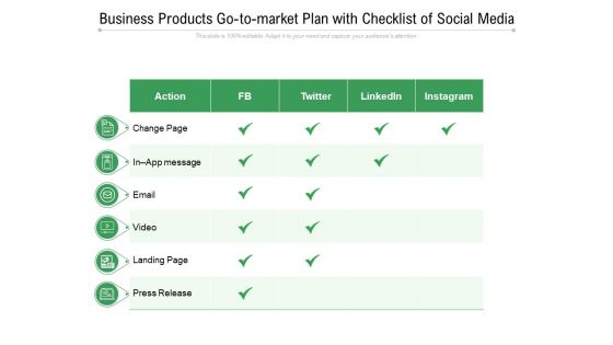 Business Products Go To Market Plan With Checklist Of Social Media Ppt PowerPoint Presentation Ideas Slide Download PDF