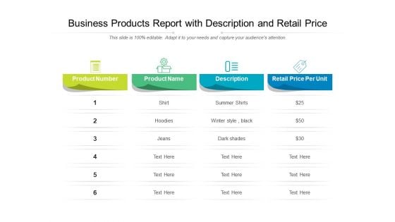 Business Products Report With Description And Retail Price Ppt PowerPoint Presentation File Templates PDF