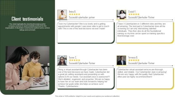 Business Profile For Virtual Assistant Solutions Firm Client Testimonials Elements PDF