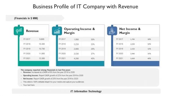 Business Profile Of It Company With Revenue Ppt PowerPoint Presentation Gallery Portrait PDF