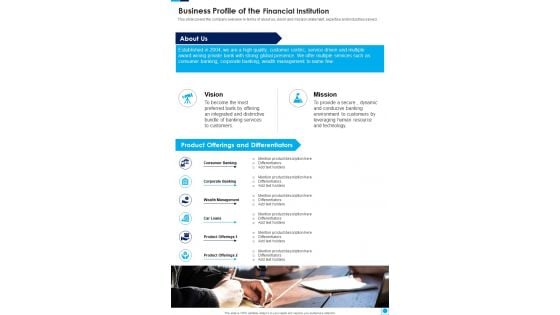 Business Profile Of The Financial Institution One Pager Documents