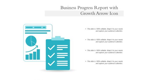 Business Progress Report With Growth Arrow Icon Ppt PowerPoint Presentation Professional Graphics Tutorials PDF