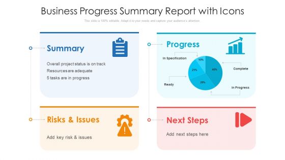 Business Progress Summary Report With Icons Ppt Layouts Icons PDF