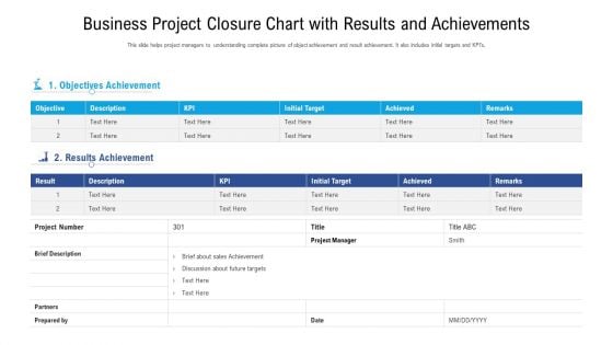 Business Project Closure Chart With Results And Achievements Ppt Ideas Skills PDF Business Project Closure Chart With Results And Achievements Ppt Ideas Skills PDF