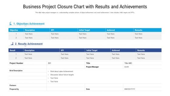 Business Project Closure Chart With Results And Achievements Ppt Ideas Skills PDF