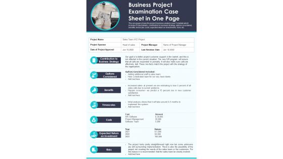 Business Project Examination Case Sheet In One Page PDF Document PPT Template