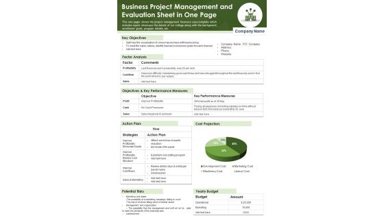 Business Project Management And Evaluation Sheet In One Page PDF Document PPT Template