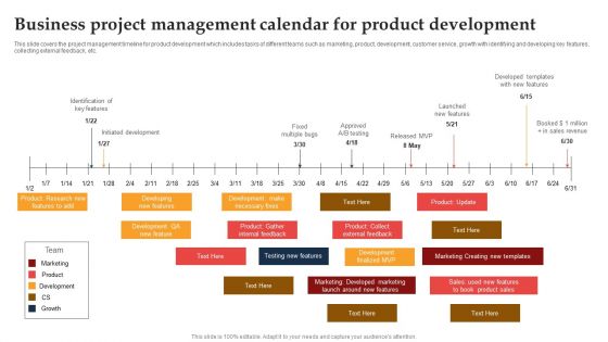 Business Project Management Calendar For Product Development Ppt Pictures Portfolio PDF