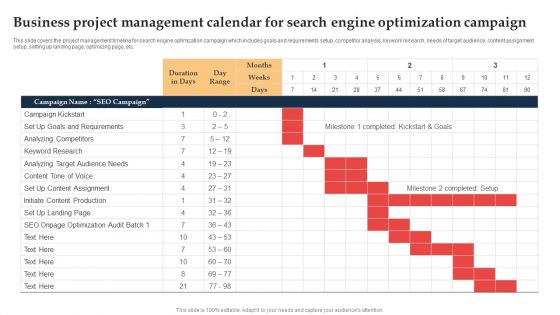 Business Project Management Calendar For Search Engine Optimization Campaign Ppt Summary Structure PDF Business Project Management Calendar For Search Engine Optimization Campaign Ppt Summary Structure PDF