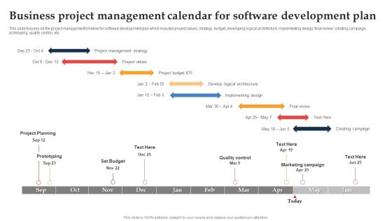 Business Project Management Calendar For Software Development Plan Ppt Summary Graphics Download PDF