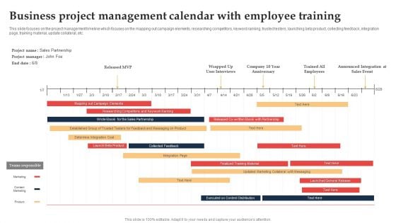 Business Project Management Calendar With Employee Training Ppt File Infographics PDF