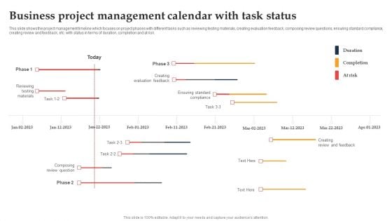 Business Project Management Calendar With Task Status Ppt Infographic Template Visual Aids PDF Business Project Management Calendar With Task Status Ppt Infographic Template Visual Aids PDF