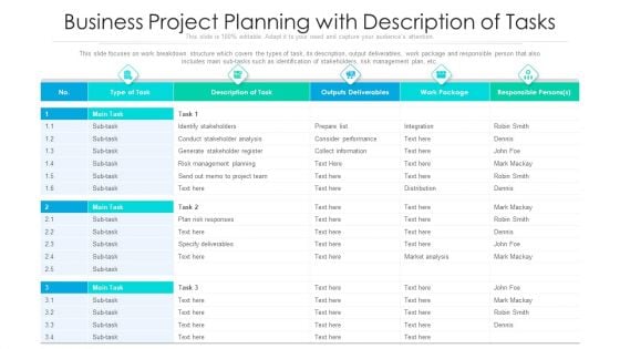 Business Project Planning With Description Of Tasks Ppt PowerPoint Presentation File Design Templates PDF