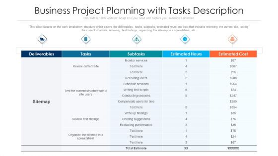 Business Project Planning With Tasks Description Ppt PowerPoint Presentation Icon Show PDF