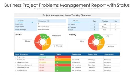 Business Project Problems Management Report With Status Ppt PowerPoint Presentation Icon Professional PDF