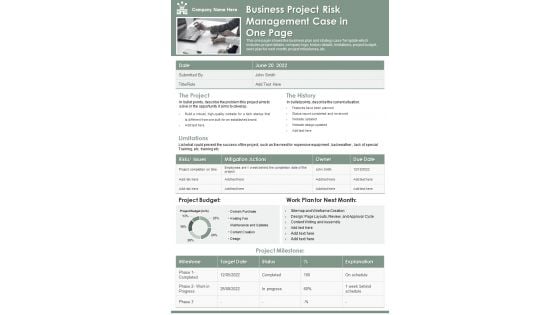 Business Project Risk Management Case In One Page PDF Document PPT Template Business Project Risk Management Case In One Page PDF Document PPT Template