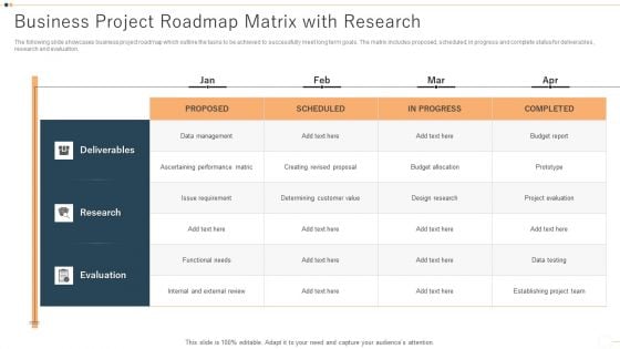 Business Project Roadmap Matrix With Research Introduction PDF