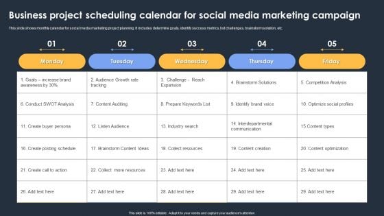 Business Project Scheduling Calendar For Social Media Marketing Campaign Summary PDF