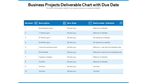 Business Projects Deliverable Chart With Due Date Ppt PowerPoint Presentation Icon Graphics Example PDF