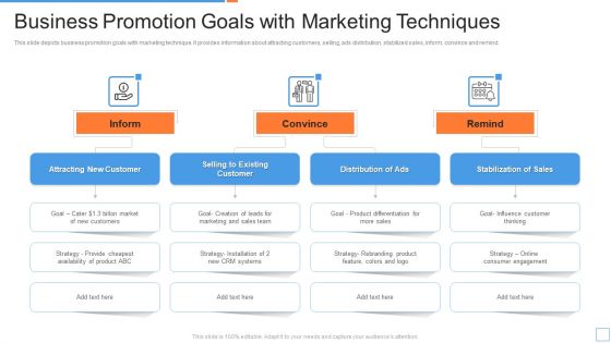 Business Promotion Goals With Marketing Techniques Ppt PowerPoint Presentation File Introduction PDF
