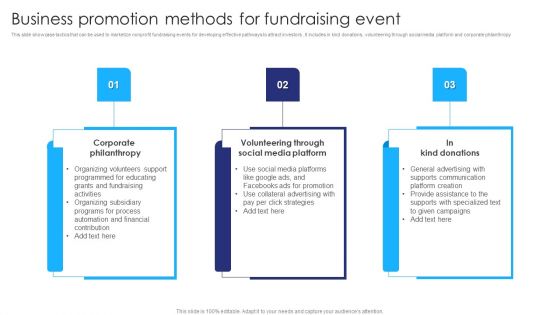 Business Promotion Methods For Fundraising Event Ppt Infographic Template Tips PDF