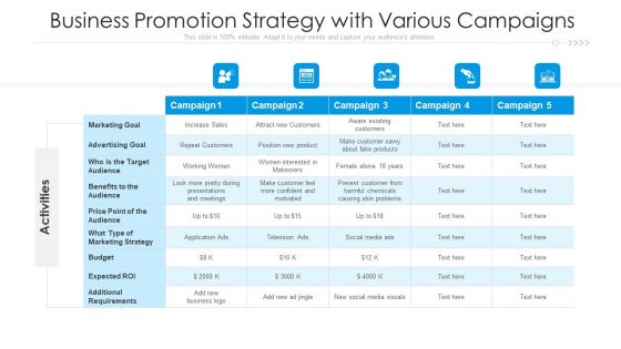 Business Promotion Strategy With Various Campaigns Ppt Show Picture PDF