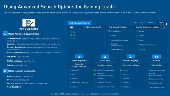 Business Promotion Using Linkedin Using Advanced Search Options For Gaining Leads Slides PDF