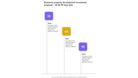 Business Property Development Investment Proposal 30 60 90 Days Plan One Pager Sample Example Document Business Property Development Investment Proposal 30 60 90 Days Plan One Pager Sample Example Document