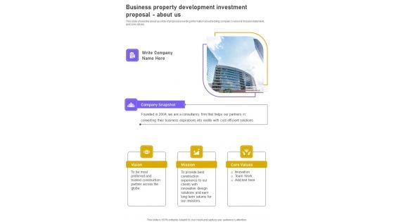 Business Property Development Investment Proposal About Us One Pager Sample Example Document Business Property Development Investment Proposal About Us One Pager Sample Example Document