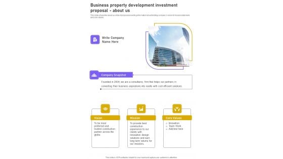 Business Property Development Investment Proposal About Us One Pager Sample Example Document