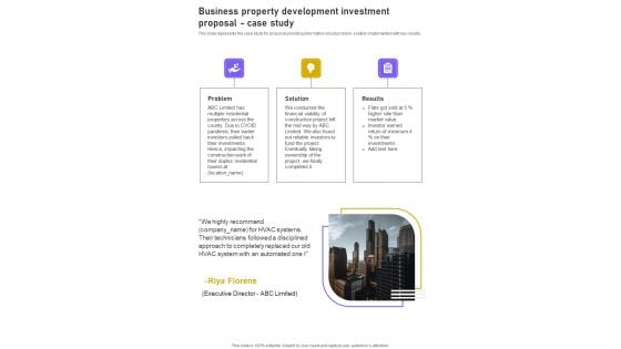 Business Property Development Investment Proposal Case Study One Pager Sample Example Document