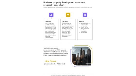 Business Property Development Investment Proposal Case Study One Pager Sample Example Document Business Property Development Investment Proposal Case Study One Pager Sample Example Document