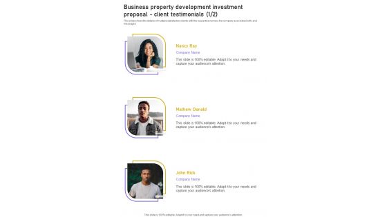 Business Property Development Investment Proposal Client Testimonials One Pager Sample Example Document