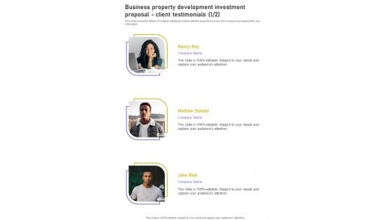 Business Property Development Investment Proposal Client Testimonials One Pager Sample Example Document Business Property Development Investment Proposal Client Testimonials One Pager Sample Example Document