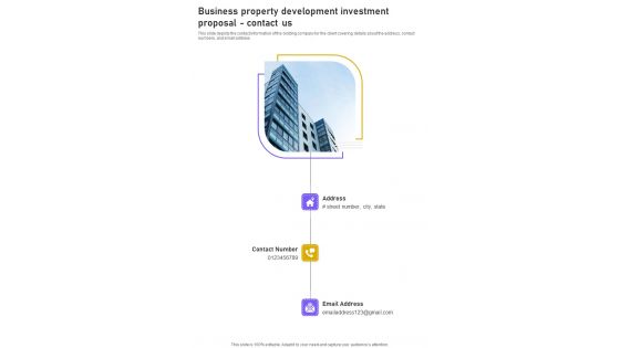Business Property Development Investment Proposal Contact Us One Pager Sample Example Document Business Property Development Investment Proposal Contact Us One Pager Sample Example Document