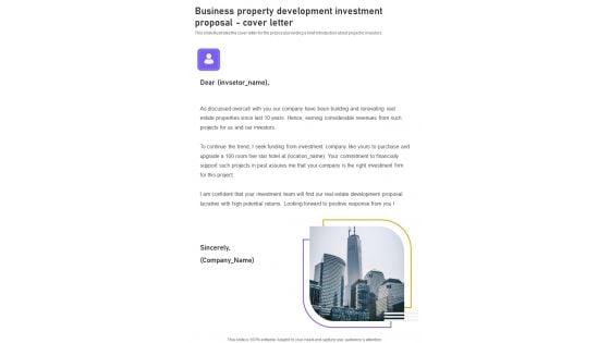 Business Property Development Investment Proposal Cover Letter One Pager Sample Example Document Business Property Development Investment Proposal Cover Letter One Pager Sample Example Document